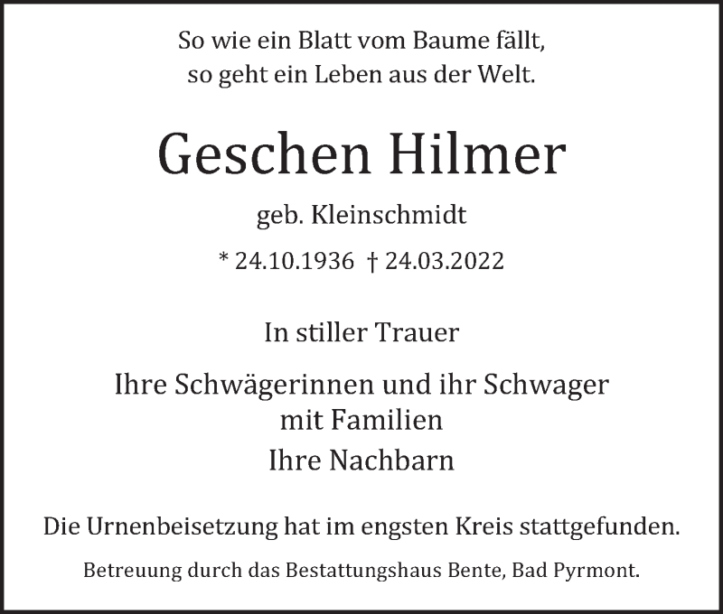  Traueranzeige für Geschen Hilmer vom 11.04.2022 aus Deister- und Weserzeitung