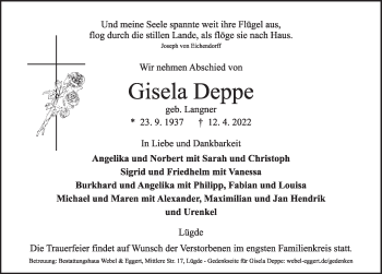 Traueranzeige von Gisela Deppe von Deister- und Weserzeitung