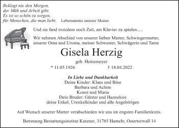 Traueranzeige von Gisela Herzig von Deister- und Weserzeitung