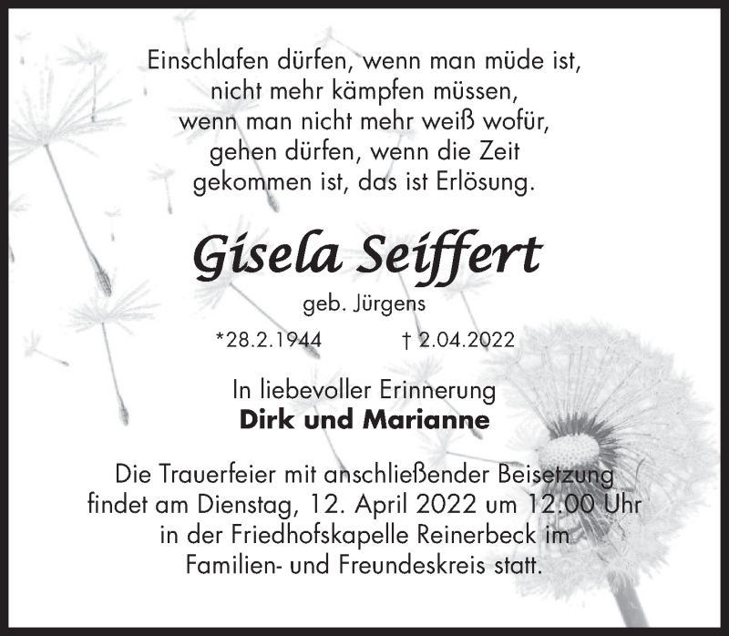  Traueranzeige für Gisela Sefiert vom 08.04.2022 aus Deister- und Weserzeitung