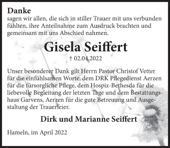 Traueranzeige von Gisela Seiffert von Deister- und Weserzeitung