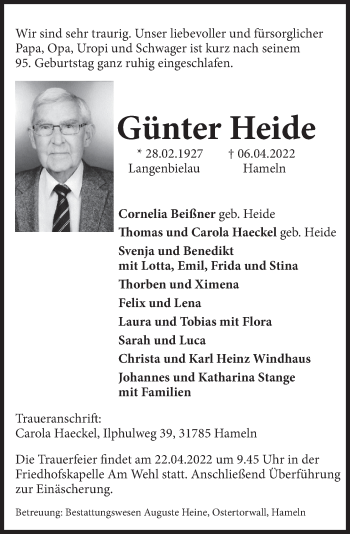 Traueranzeige von Günter Heide von Deister- und Weserzeitung