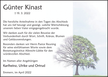 Traueranzeige von Günter Kinast von Deister- und Weserzeitung
