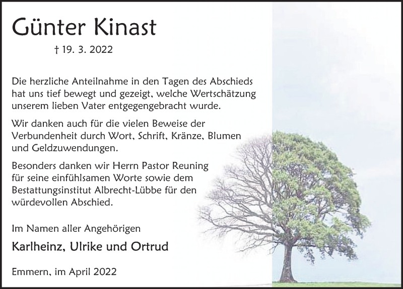 Traueranzeige für Günter Kinast vom 22.04.2022 aus Deister- und Weserzeitung