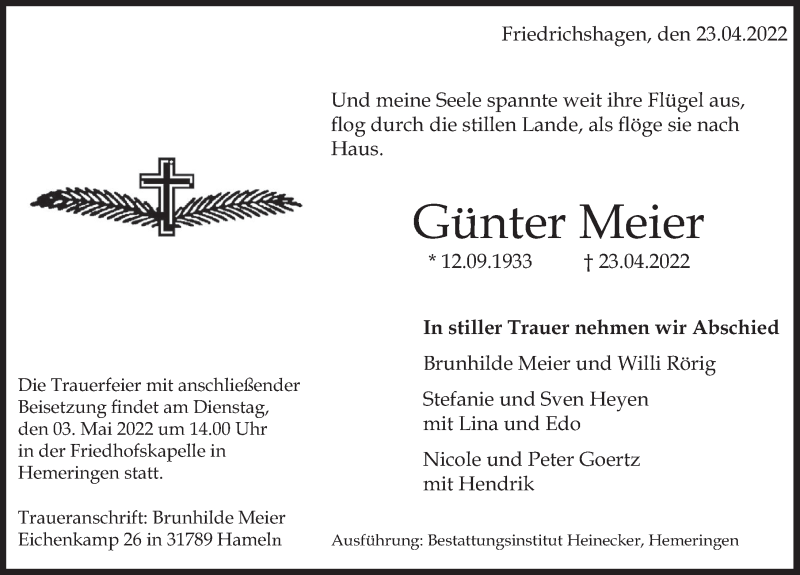  Traueranzeige für Günter Meier vom 30.04.2022 aus Deister- und Weserzeitung