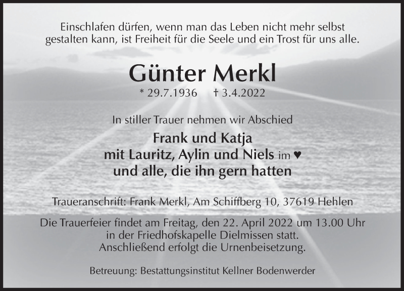  Traueranzeige für Günter Merkl vom 16.04.2022 aus Deister- und Weserzeitung