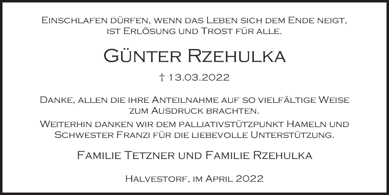  Traueranzeige für Günter Rzehulka vom 12.04.2022 aus Deister- und Weserzeitung