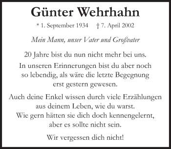Traueranzeige von Günter Wehrhahn von Deister- und Weserzeitung