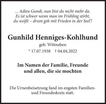 Traueranzeige von Gunhild Henniges-Kohlhund von Deister- und Weserzeitung