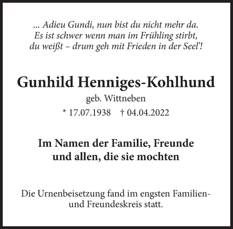  Traueranzeige für Gunhild Henniges-Kohlhund vom 23.04.2022 aus Deister- und Weserzeitung