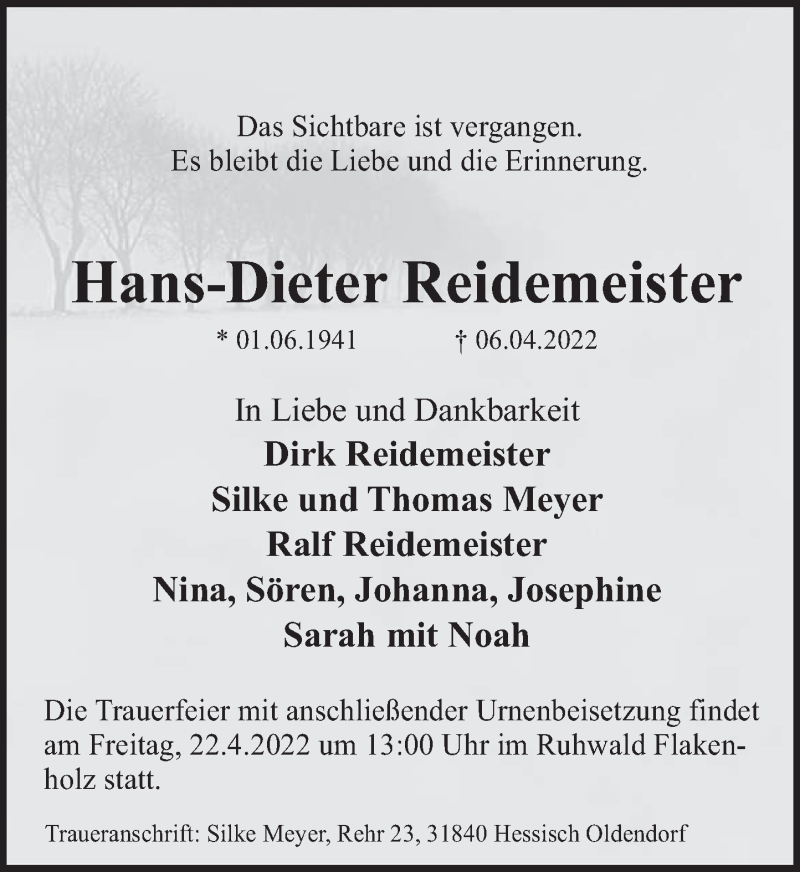  Traueranzeige für Hans-Dieter Reidemeister vom 16.04.2022 aus Deister- und Weserzeitung