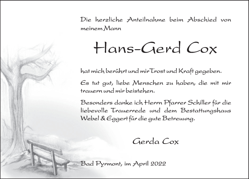  Traueranzeige für Hans-Gerd Cox vom 30.04.2022 aus Deister- und Weserzeitung