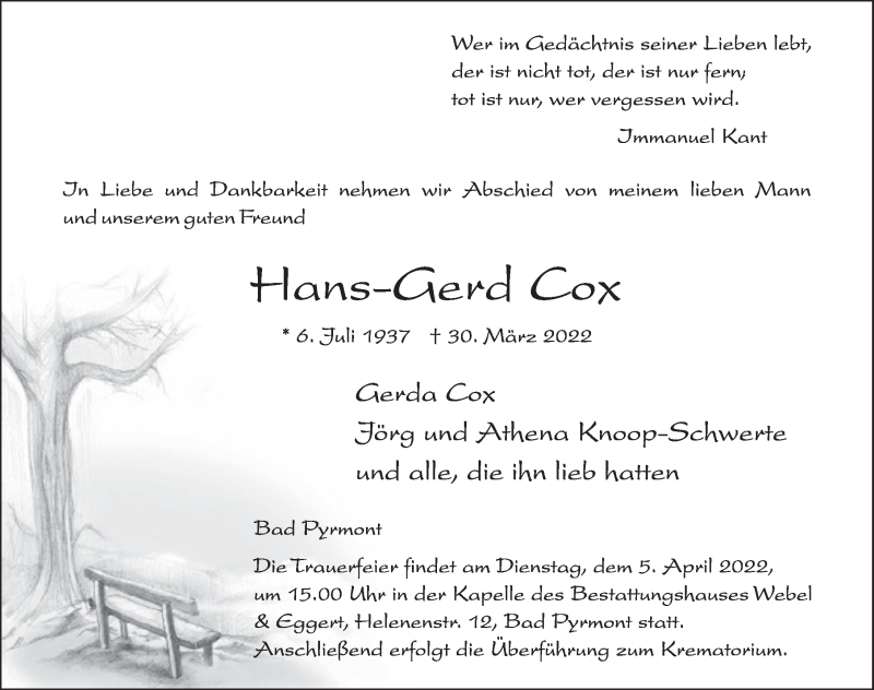  Traueranzeige für Hans-Gerd Cox vom 04.04.2022 aus Deister- und Weserzeitung