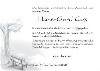 Traueranzeige von Hans-Gerd Cox von Deister- und Weserzeitung