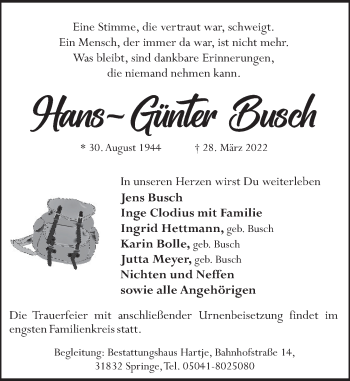 Traueranzeige von Hans-Günter Busch von Neue Deister-Zeitung
