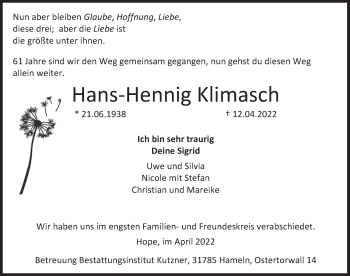 Traueranzeige von Hans-Hennig Klimasch von Deister- und Weserzeitung