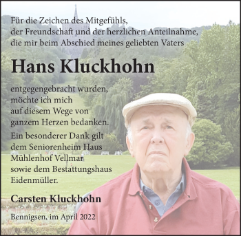 Traueranzeige von Hans Kluckhohn von Neue Deister-Zeitung
