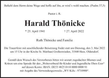 Traueranzeige von Harald Thönicke von Deister- und Weserzeitung