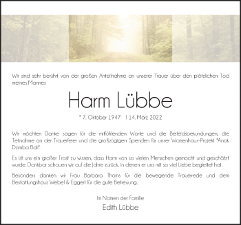 Traueranzeige von Harm Lübbe von Deister- und Weserzeitung