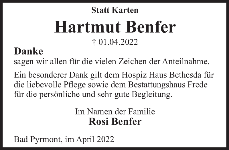  Traueranzeige für Hartmut Benfer vom 20.04.2022 aus Deister- und Weserzeitung