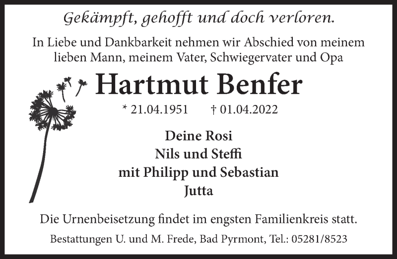 Traueranzeige für Hartmut Benfer vom 06.04.2022 aus Deister- und Weserzeitung