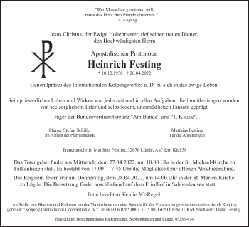 Traueranzeige von Heinrich Festing von Deister- und Weserzeitung