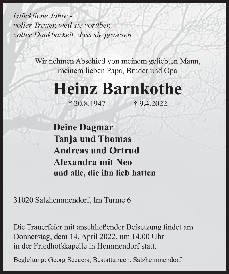  Traueranzeige für Heinz Barnkothe vom 12.04.2022 aus Deister- und Weserzeitung