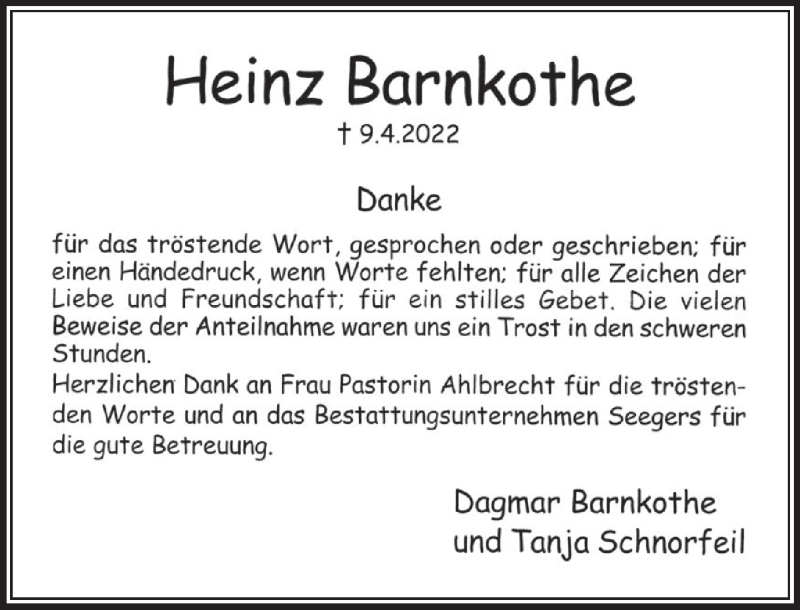  Traueranzeige für Heinz Barnkothe vom 30.04.2022 aus Deister- und Weserzeitung