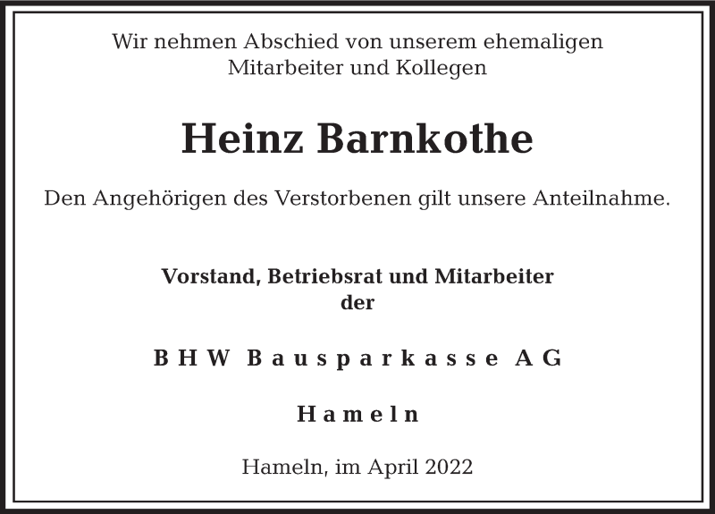  Traueranzeige für Heinz Barnkothe vom 25.04.2022 aus Deister- und Weserzeitung