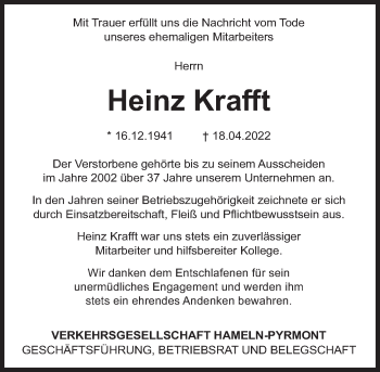 Traueranzeige von Heinz Krafft von Deister- und Weserzeitung