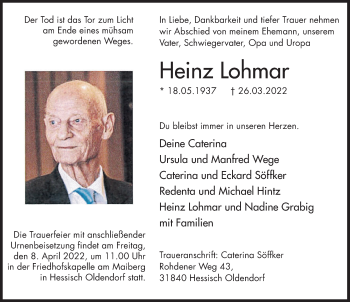 Traueranzeige von Heinz Lohmar von Deister- und Weserzeitung