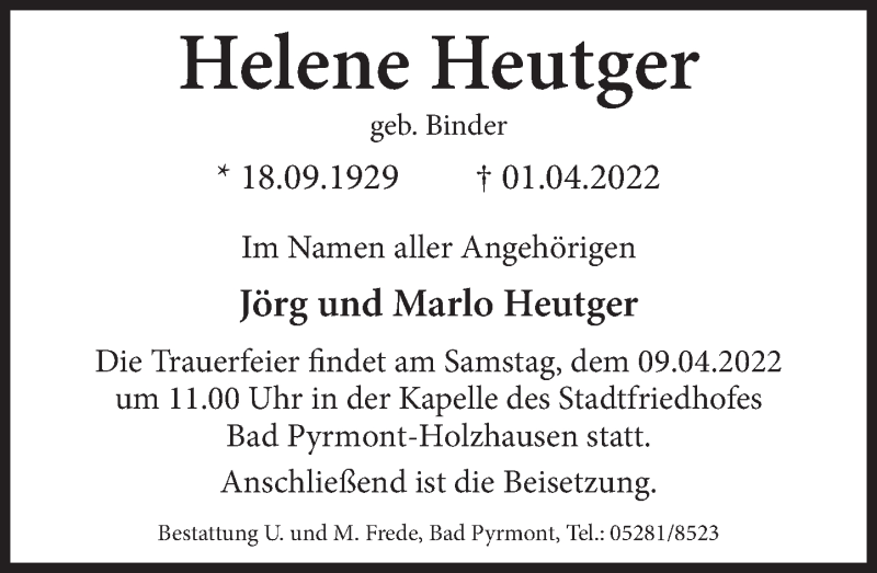  Traueranzeige für Helene Heutger vom 06.04.2022 aus Deister- und Weserzeitung