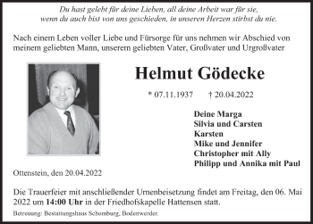 Traueranzeige von Helmut Gödecke von Deister- und Weserzeitung