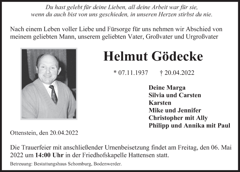  Traueranzeige für Helmut Gödecke vom 29.04.2022 aus Deister- und Weserzeitung