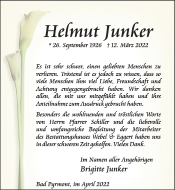 Traueranzeige von Helmut Junker von Deister- und Weserzeitung