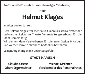 Traueranzeige von Helmut Klages von Deister- und Weserzeitung