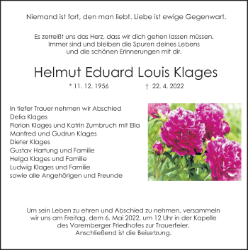 Traueranzeige von Helmut Eduard Louis Klages von Deister- und Weserzeitung