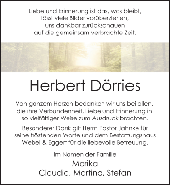 Traueranzeige von Herbert Dörries von Deister- und Weserzeitung
