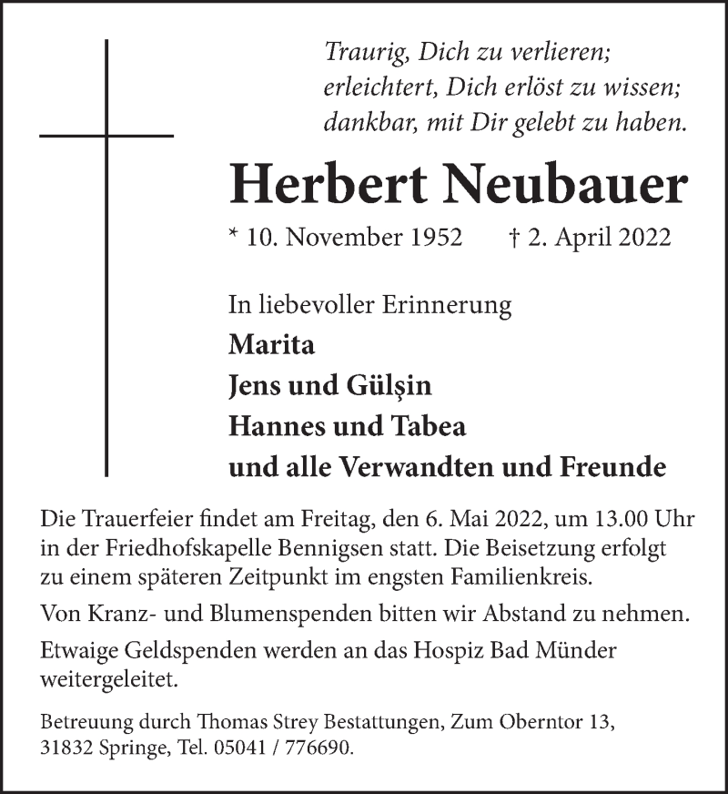  Traueranzeige für Herbert Neubauer vom 30.04.2022 aus Neue Deister-Zeitung