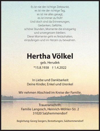 Traueranzeige von Hertha Völkel von Deister- und Weserzeitung