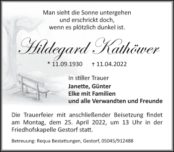 Traueranzeige von Hildegard Kathöwer von Neue Deister-Zeitung