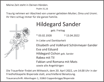 Traueranzeige von Hildegard Sander von Deister- und Weserzeitung