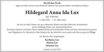 Traueranzeige von Hildegard Anna Ida Lux von Neue Deister-Zeitung