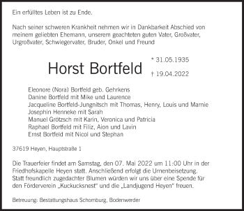 Traueranzeige von Horst Bortfeld von Deister- und Weserzeitung