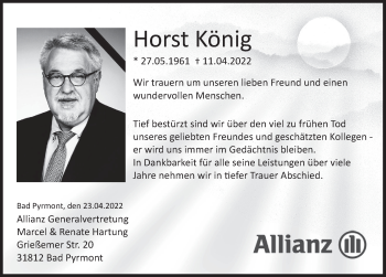 Traueranzeige von Horst König von Deister- und Weserzeitung