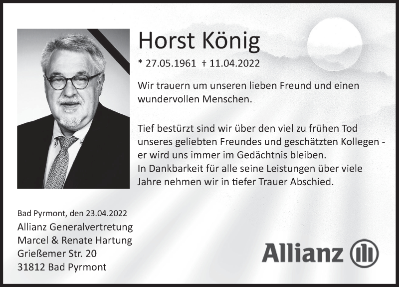  Traueranzeige für Horst König vom 23.04.2022 aus Deister- und Weserzeitung