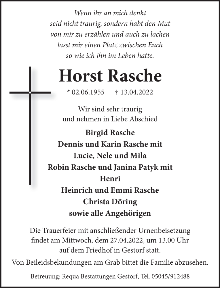 Traueranzeige für Horst Rasche vom 23.04.2022 aus Neue Deister-Zeitung
