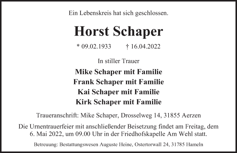  Traueranzeige für Horst Schaper vom 02.05.2022 aus Deister- und Weserzeitung