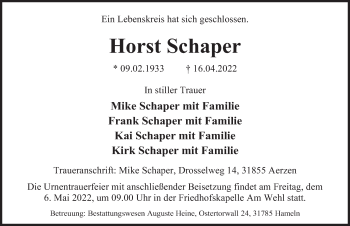 Traueranzeige von Horst Schaper von Deister- und Weserzeitung