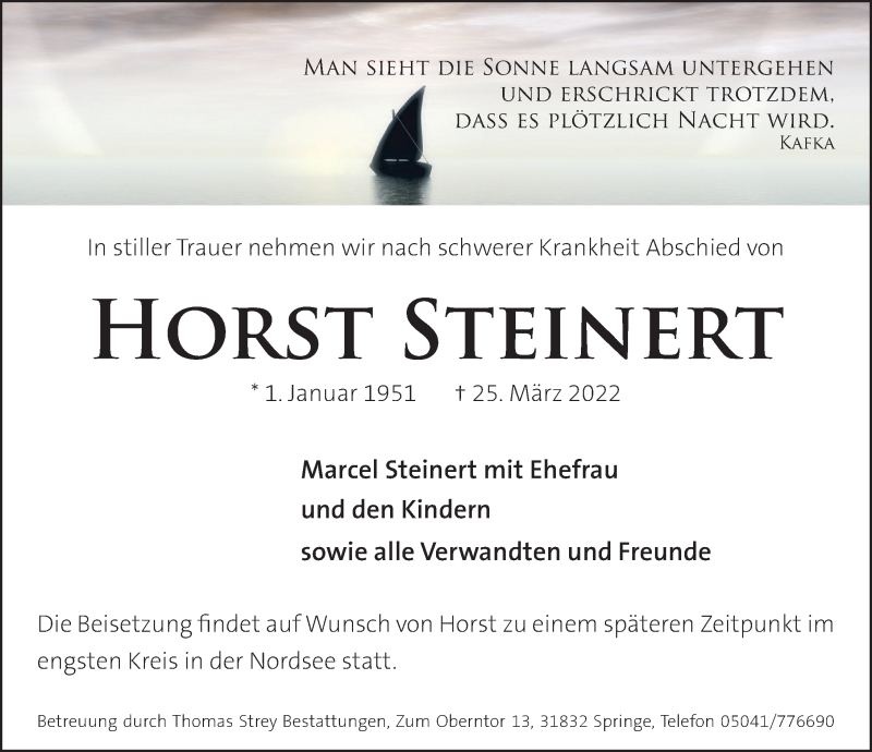  Traueranzeige für Horst Steinert vom 02.04.2022 aus Neue Deister-Zeitung